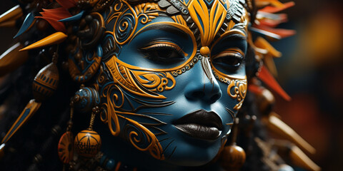 Schöne Frauen Gesicht Kunst Maske Querformat für Banner, ai generativ