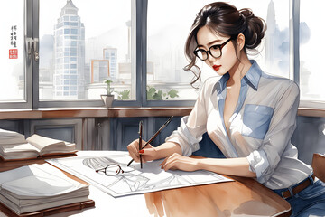 a attractive Korean woman wearing a man's shirt and glasses. Generative AI. - obrazy, fototapety, plakaty