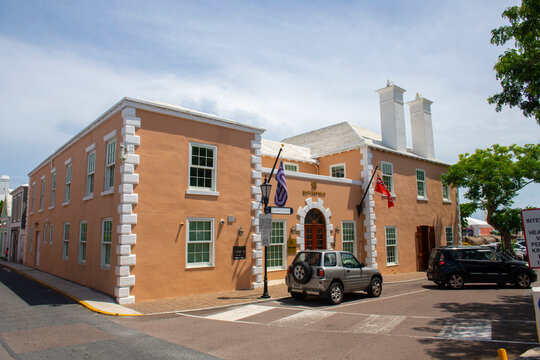Butterfield Bank at King's Square in St. George's town center in Bermuda. Historic Town of St. George is a World Heritage Site since 2000. 