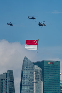 Singapore - July 26 2020: State Flag flypast by RSAF helicopters for NDP at Singapore.