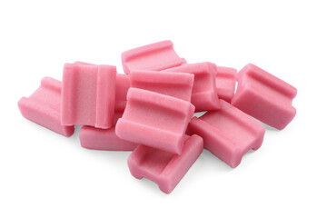 Pile of tasty pink chewing gums on white background