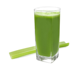 Glass of celery juice and fresh vegetable on white background