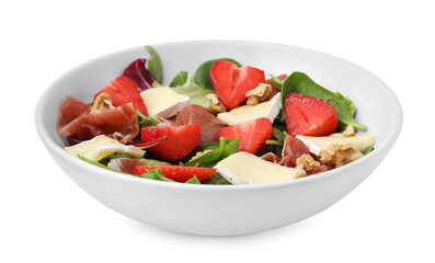 Tasty salad with brie cheese, prosciutto, strawberries and walnuts isolated on white