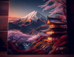 Ancient Japanese temple at sunset