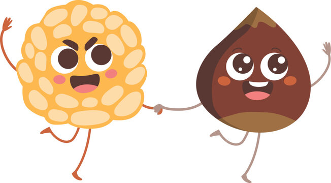 Funny panellet and chestnut friends walking together vector illustration. Happy food characters isolated in white background