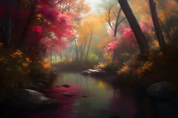 A river surrounded by red and yellow trees