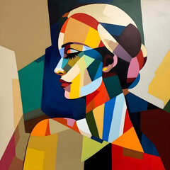 A woman's face with multicolored geometric shapes