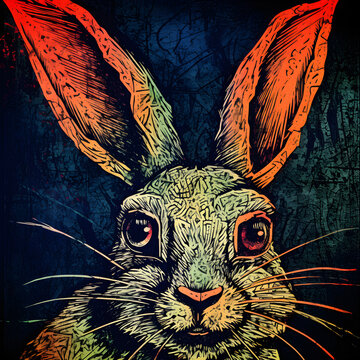 A rabbit's graffit artwork on a dark background