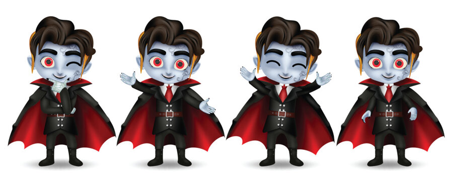 Halloween vampire characters vector set design. Vampire young boy in standing poses and cute friendly smiling face character collection. Vector illustration kids party dracula costume collection.
