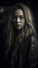 Fototapeta premium A black and white photo of a woman in a leather jacket