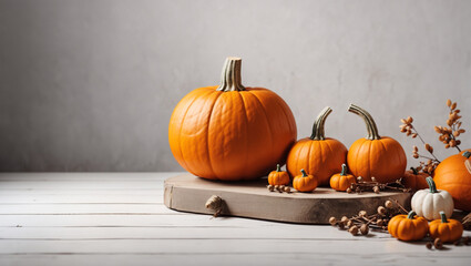 pumpkin over white table background. Backdrop with copy space