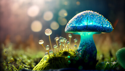 fantasy transluscent blue mushroom close-up in the forest AI generated illustration - obrazy, fototapety, plakaty