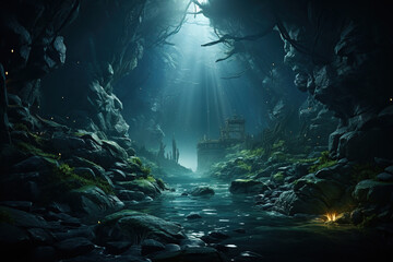 Fantasy landscape with a dark cave and light beam. 3d rendering. 