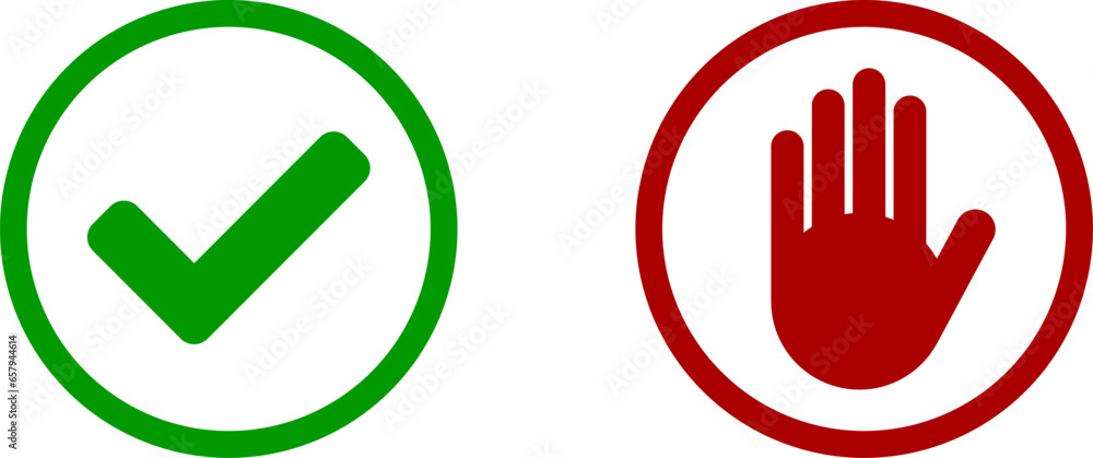 Poster yes no or ok stop green and red round circle badge icon set with tick checkmark and hand adblocker s