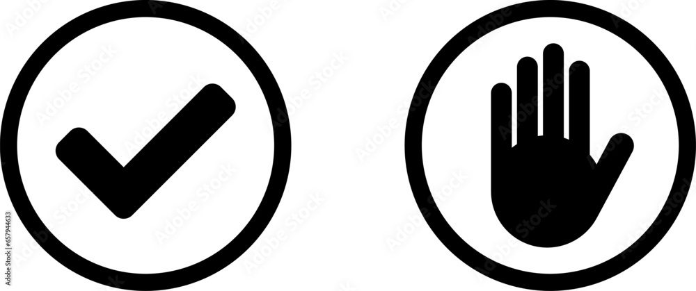 Poster yes no or ok stop black and white round circle badge icon set with tick checkmark and hand adblocker