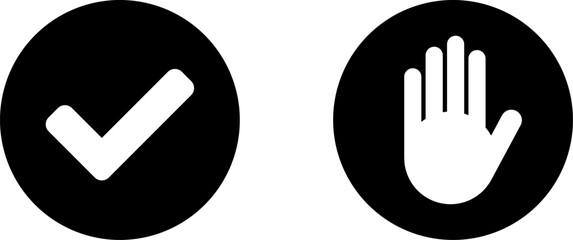 Yes No or OK Stop Black and White Round Circle Badge Icon Set with Tick Checkmark and Hand Adblocker Sign. Vector Image.