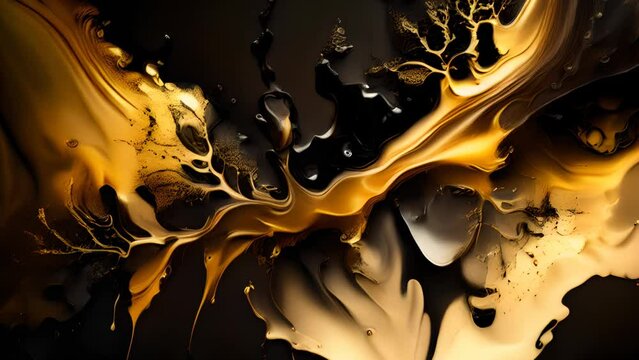 Contemporary Abstract Paint Swirls Background in Beautiful gold black tan ink paint cloud alcohol drip liquid flow wave abstract splatter color marble background wallpaper generative AI
