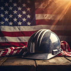 A construction hard helmet with an American Flag background. Represents industry in the USA. Generative ai.  - obrazy, fototapety, plakaty