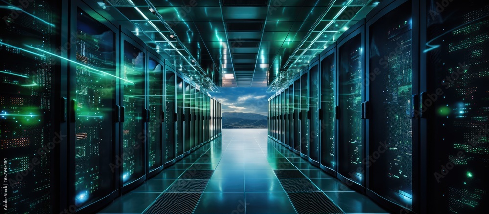 Poster data center houses rows of cloud hardware for storing data