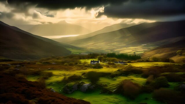 Home in an Irish River Valley with Green Meadows in Ireland, Stunning Scenic Landscape Wallpaper, Generative AI