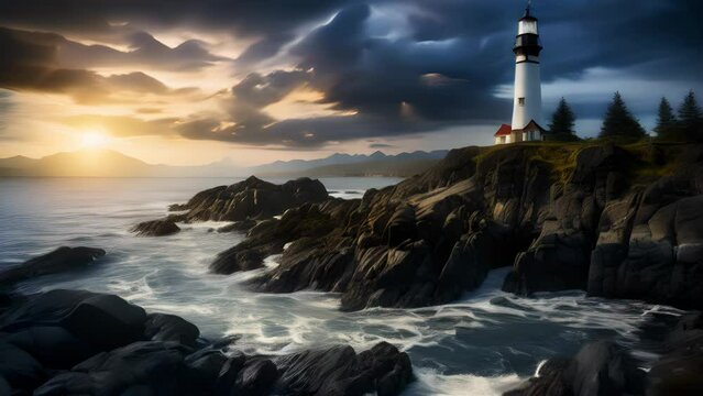 A serene coastal scene with a lighthouse during sunrise or sunset with brewing storm clouds, Stunning Scenic World Landscape Background, Generative AI