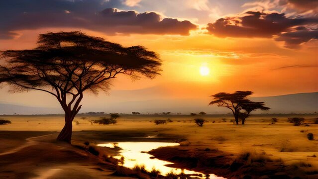 African Journey Sunset Landscape, Stunning Scenic Travel Landscape, Generative AI