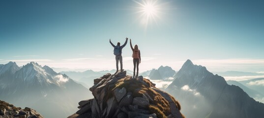 Couple raised their hands celebrate for success hiking at top of a mountain. Generative AI technology.