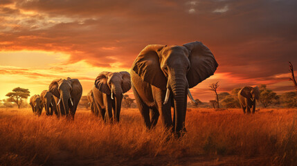 Majestic Elephant Herd Walking in the Savanna Wildlife Safari and Natures Beauty Concept