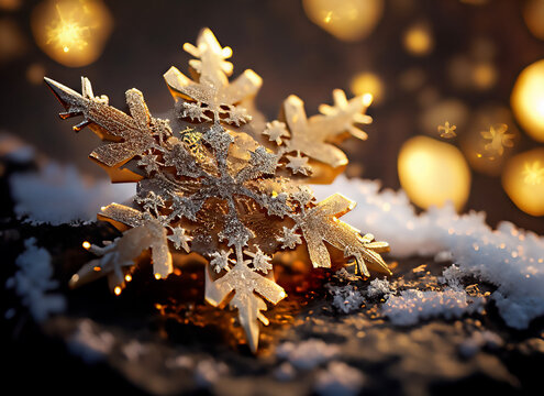 golden christmas star snowflake in the snow AI generated illustration