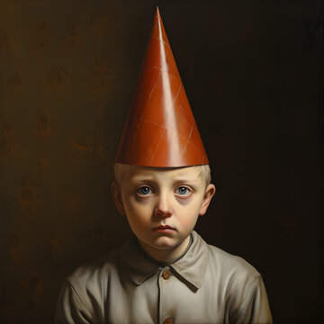 Boy Wearing a Dunce Cap. A concept of bad behavior and punishment. Generative ai. 