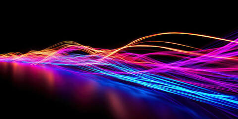 Shot of glowing fiber optic data streaming on dark background. Generative AI
