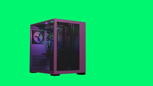 The 3D-Rendered pink computer case with 4 spectacular Fans and RGB Lighting , This video features a Green background.Greenscreen allows you to automatically remove the background from video or images