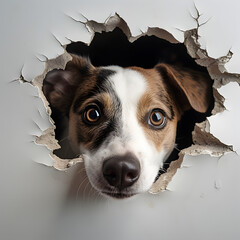 Dog looking through a hole in a wall. Generative ai. 