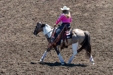 A cowgirl is riding a horse at a rodeo in a dirt arena. The horse is a palomino. She has a pink...