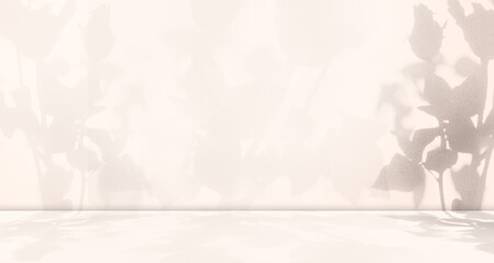 Beige Background Autumn Wall Light Shadow Flower Rose Abstract Studio Room Product Beauty Sun Light White Abstract Leaf from Window Gradient Pink Cream Color Pastel Two Tone Color Paper Mockup Scene.