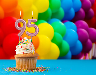Birthday card - candle number 95 with colored balloons of the gay march