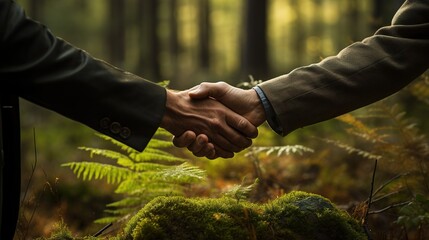 handshake of two businessmen forest production industry of wood and furniture and natural resources