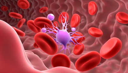 Fototapeta premium 3d illustration of human red blood cells affected by cancer in a vein, medical healthcare concept.