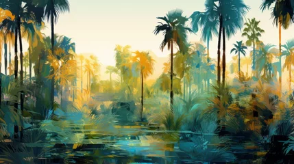 Foto op Canvas A painting of palm trees and a pond © cac_tus