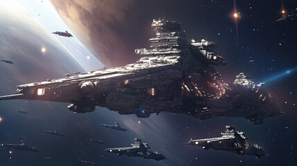 Obraz premium A giant warship traveling between planets in space