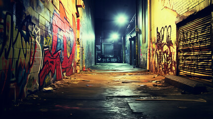 A dark alley with graffiti all over the walls