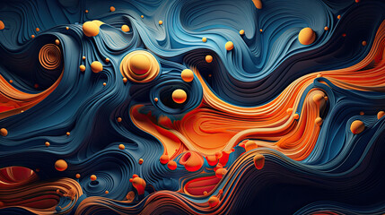 Abstract background, abstract 3d painting with color bubble swirls, in the style of voxel art, dark cyan and orange, wavy lines and organic shapes.