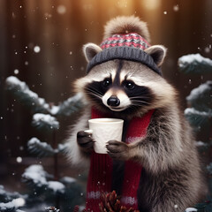 Fototapeta na wymiar A Racoon in the snow wearing a beanie and drinking a hot drink. A winter wildlife concept. Generative ai. 