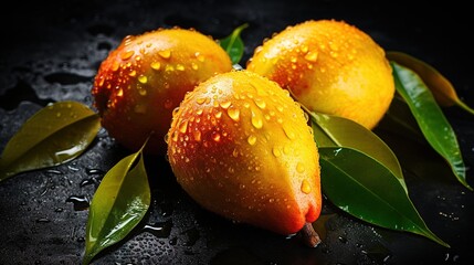 Fresh wet mango fruits with droplets on a dark background