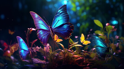 Obraz na płótnie Canvas Photorealistic glowing psychedelic butterfly, generative cinematic color 3d grading ai