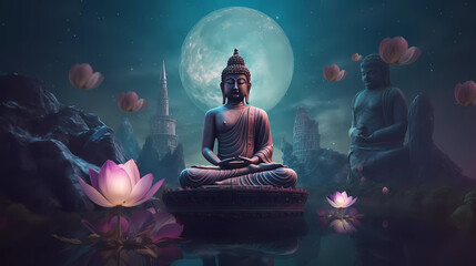 buddha statue medtiation in sit position with lotus , old temple and moon background. - obrazy, fototapety, plakaty