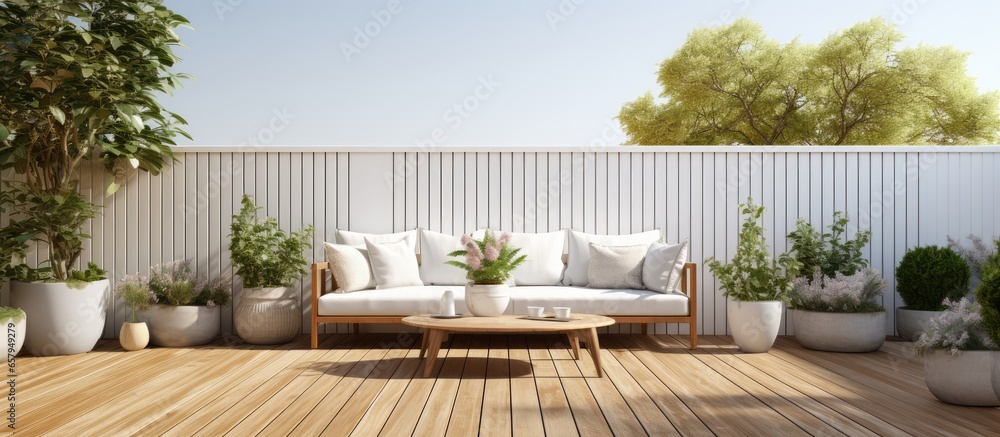 Poster in the garden there is a wooden terrace with white furniture