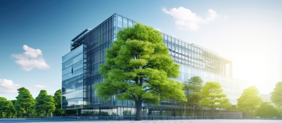 Modern city implements sustainable green building practices and encourages corporate buildings to reduce CO2 emissions by adopting eco friendly and green architecture such as sustainable gla - obrazy, fototapety, plakaty