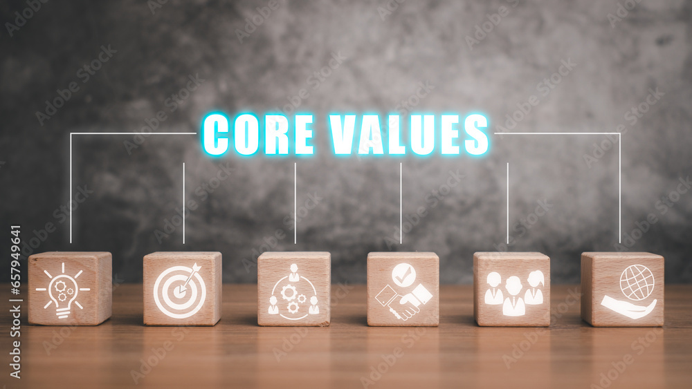 Poster core values concept, wooden block on desk with core values icon on virtual screen.
