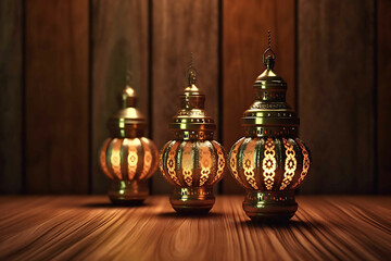 Fototapeta na wymiar Wooden background with lamps and prayer beads, muslim day celebration.